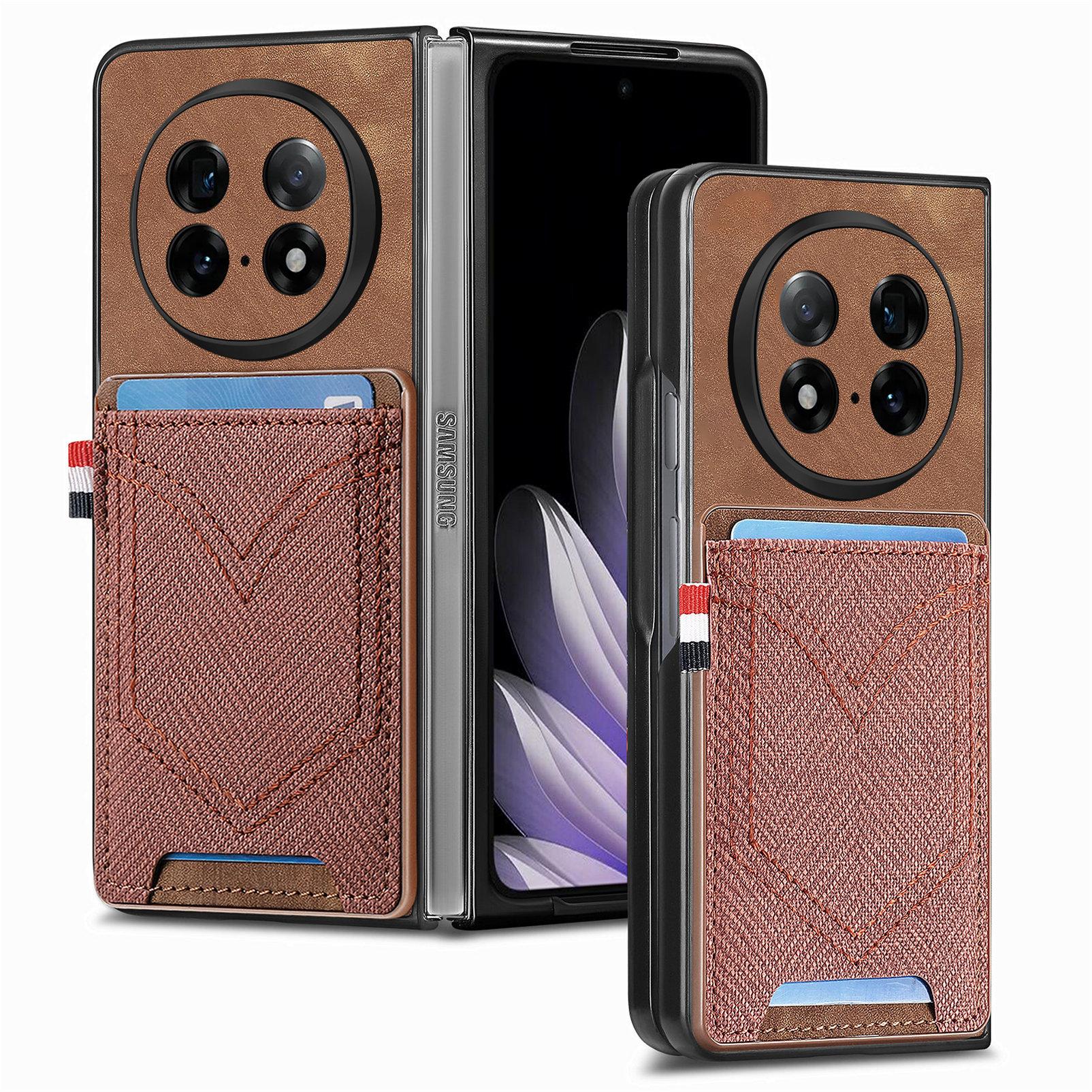 

For Oppo Find N5 5G Phone Case Retro Jean Cloth Texture Leather Back Cover with Card Holder Brown