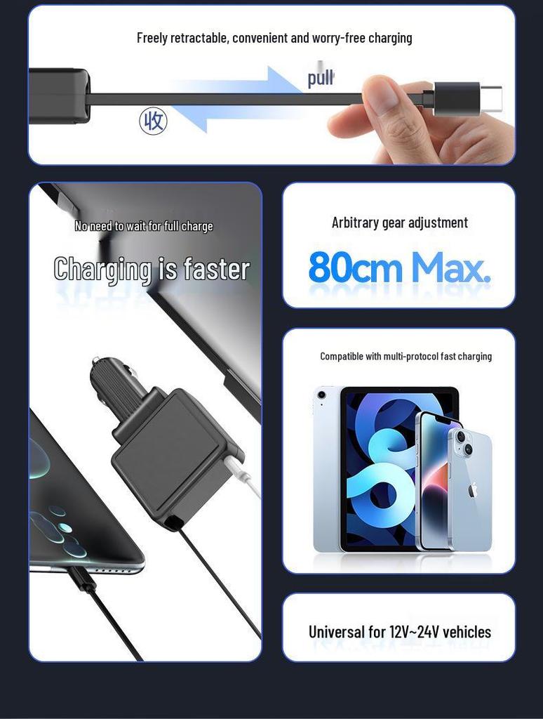 Retractable Car Charger: Foldable, Fast TYPE-C Charging for Mobile Phones
