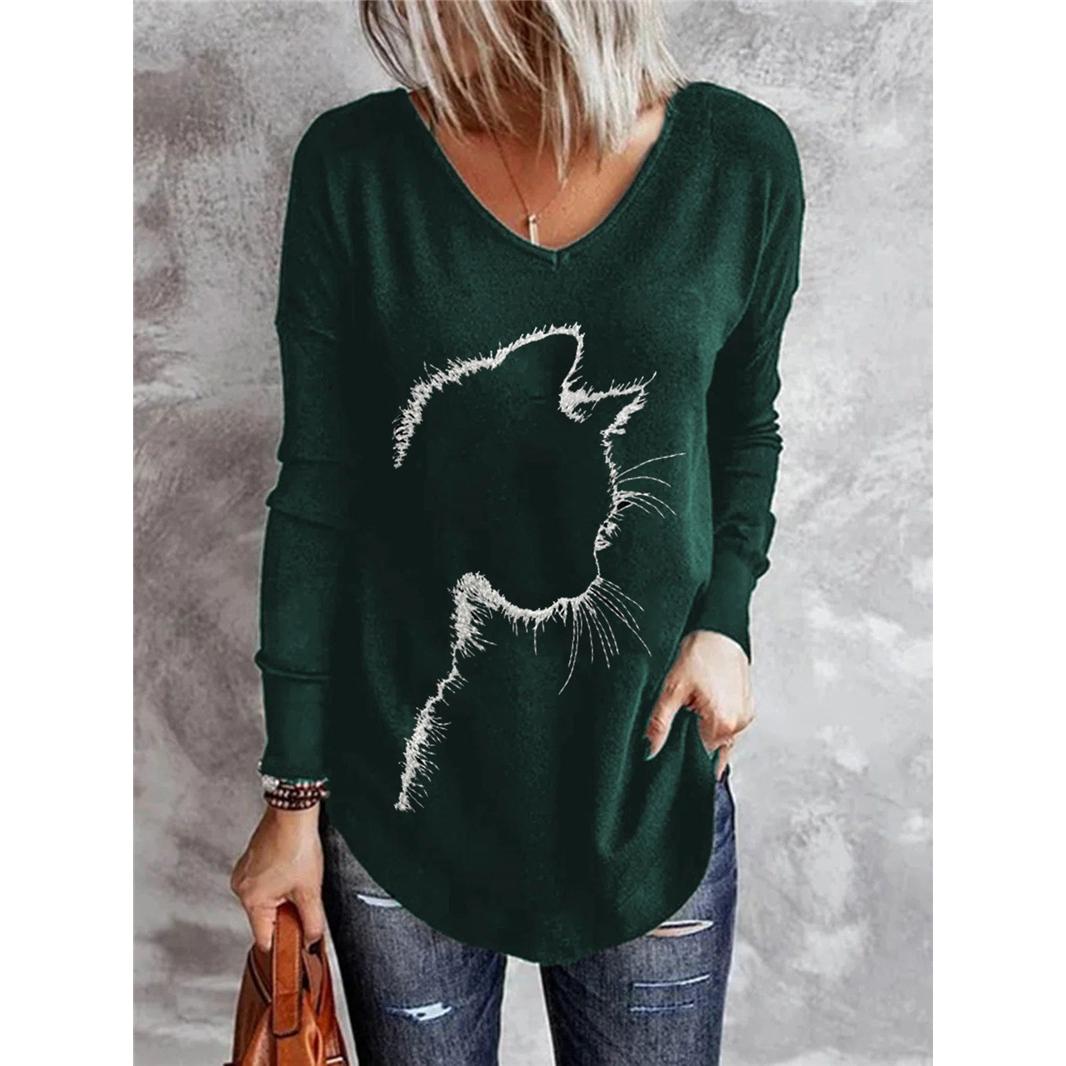 

Футболка с принтом кота, винтажные черные, синие, зеленые футболки больших размеров, свободный топ с длинными рукавами, женские осенние футболки с v-образным вырезом 6XL темно-зеленого