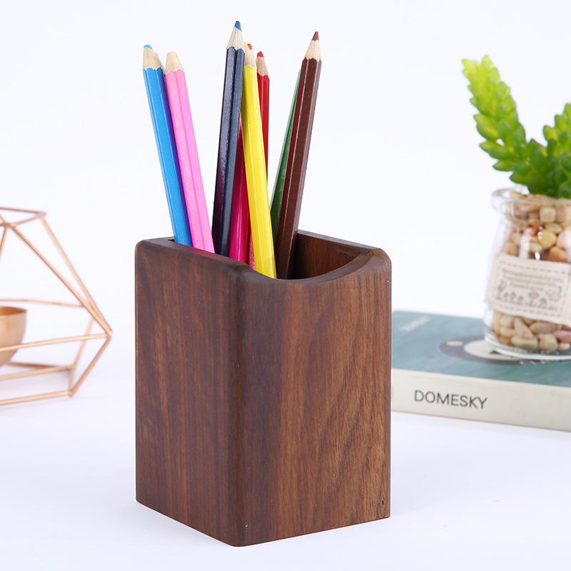 Wooden Square Pen Holder Stand with Exclusive Walnut Finish School Supplies for Office Use-Desktop Pencil Storage Box