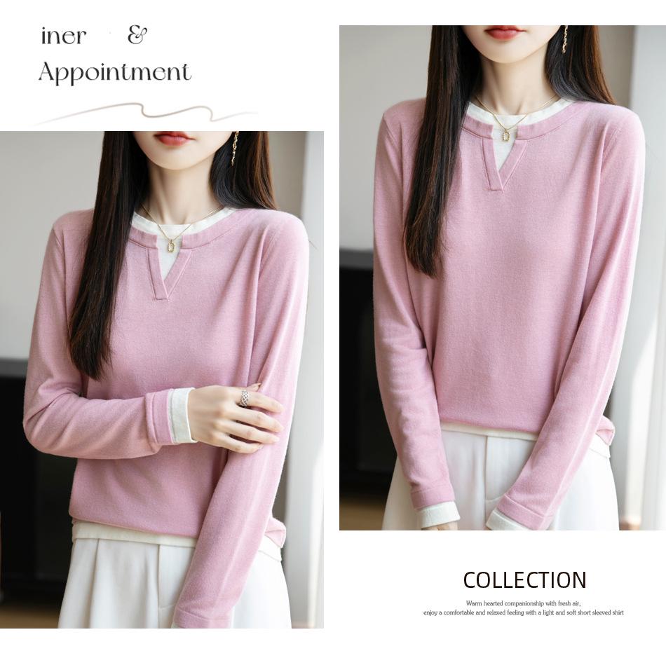 Women's 2025 Autumn/Winter Round Neck Two-Piece Look Wool Knit Long Sleeve Versatile Pullover Sweater Top