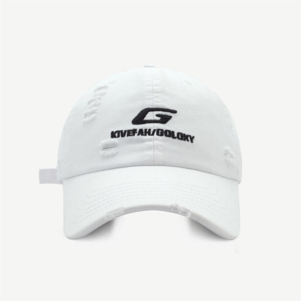 (One Size, White) Men Women Baseball Cap Stylish Letter Embroidery Ripped Adjustable Wide Brim Sun Hat