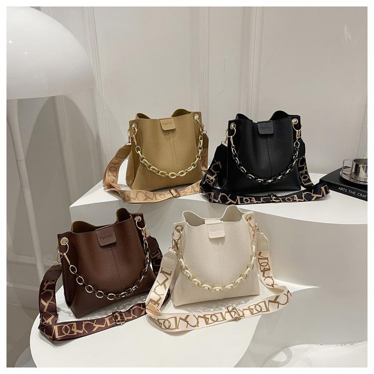 Faux Leather Bucket Bag for Women, Trendy Chain Shoulder Purse, Minimalist Crossbody Handbag KTB