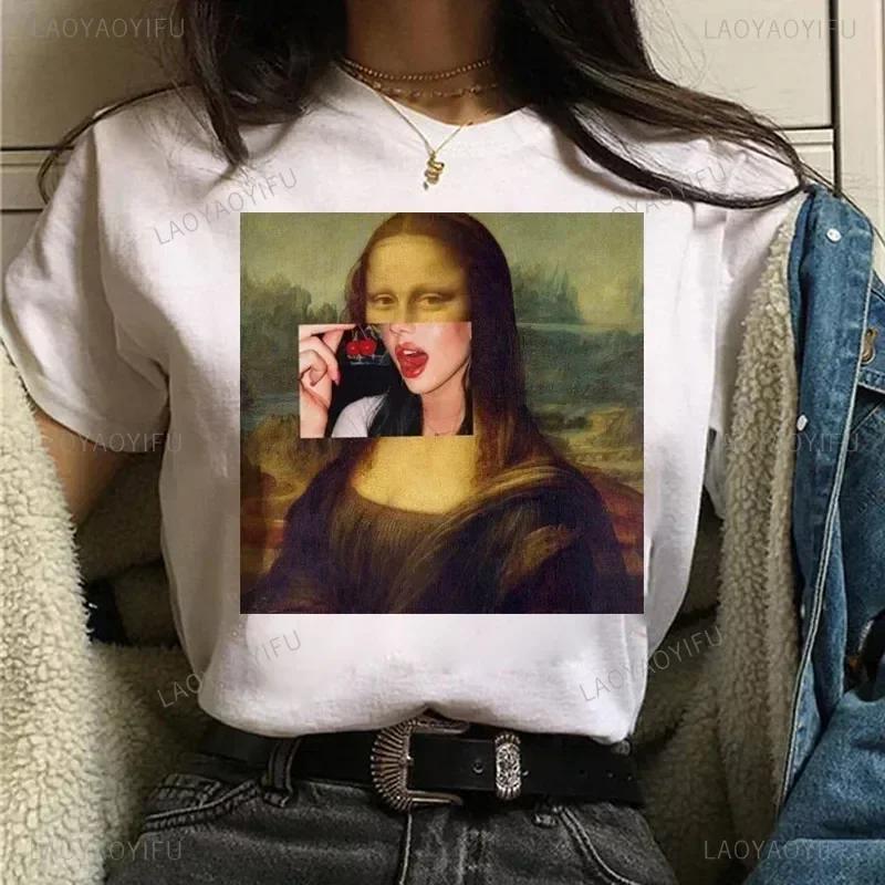 Vintage Humor Mona Lisa Print Women Fashion Top Funny Rose Mona Lisa T-Shirt Classic Camise Breathable Short-sleev