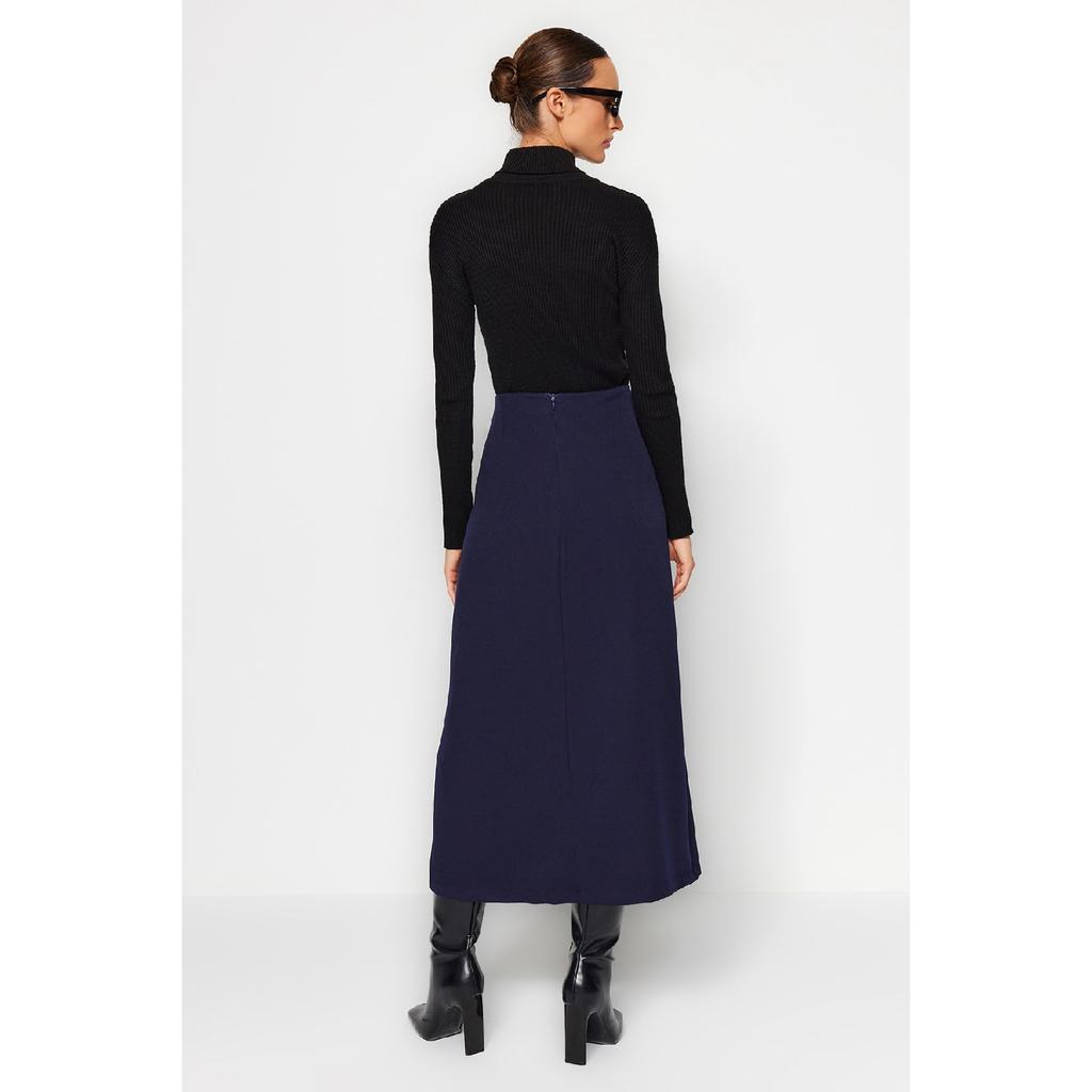 Navy Blue Belt Detailed Woven Skirt Tctaw24ee00014