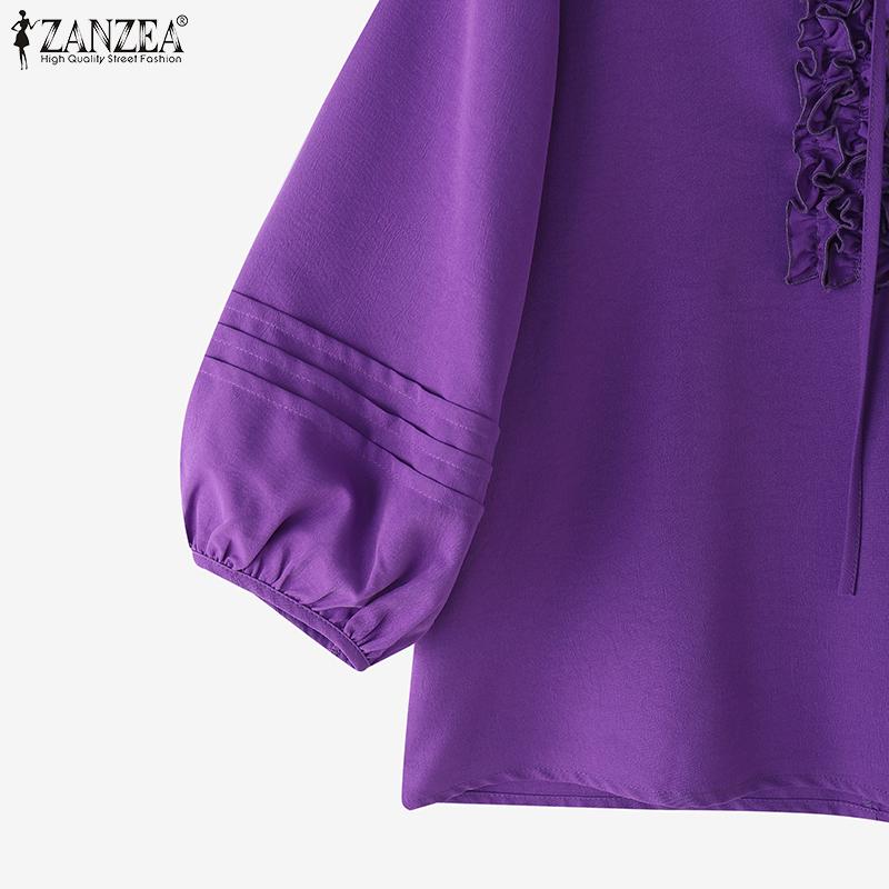 ZANZEA Bluză casual de damă cu volane, mâneci 3/4 și talie legată