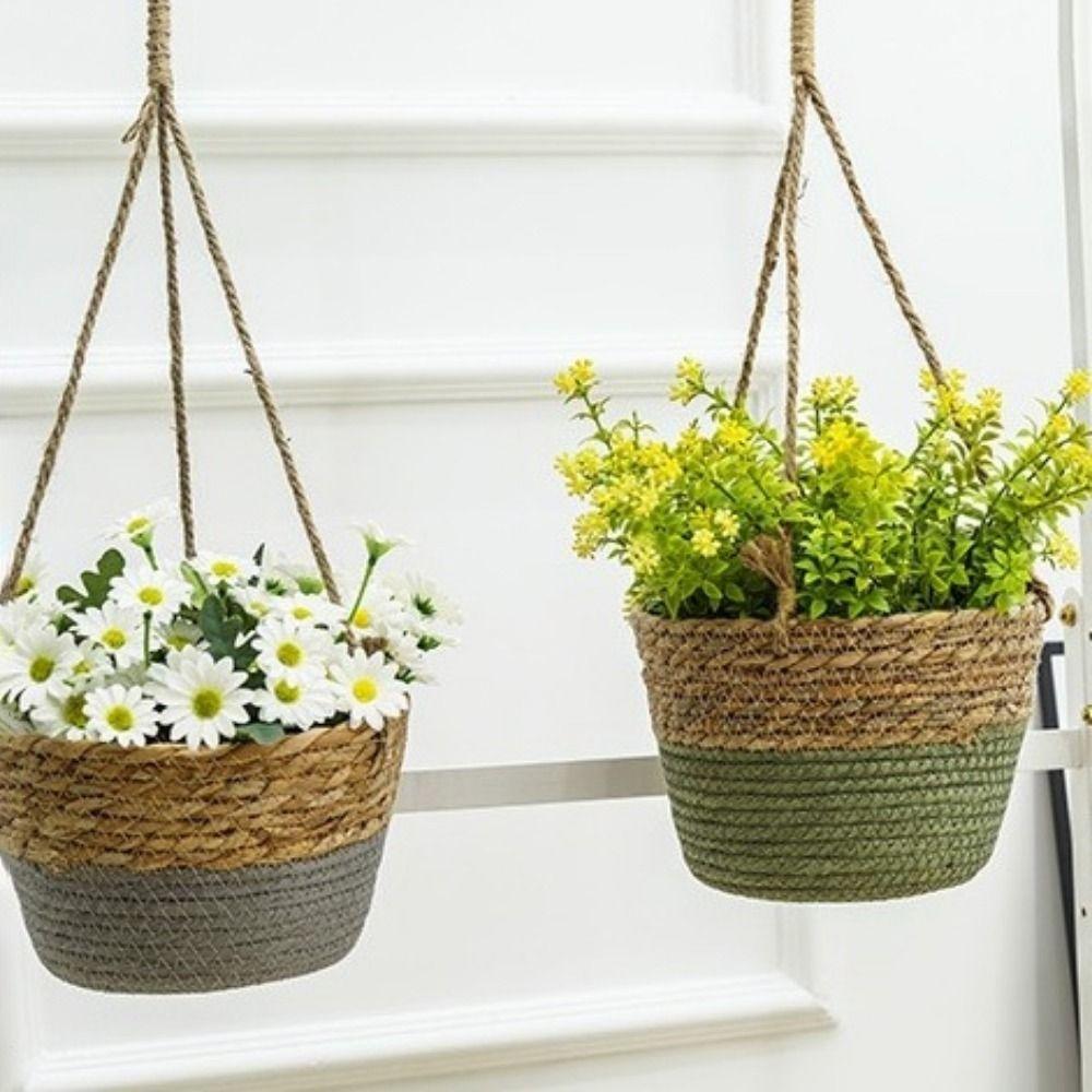 Handwoven Straw Hanging Basket Decorative Waterproof Woven Flower Basket Handmade Macrame Plant Storage Basket Home Decor
