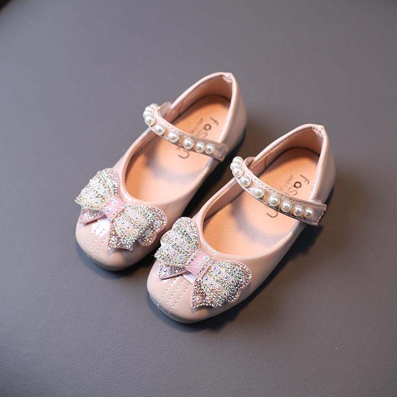 Girls' Leather Shoes Children's Soft-soled Princess Spring Shallow New Korean Big Kids Girls' Bow Rhinestone Pearls Dress Shoes