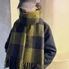 Haze Blue Checkered Scarf Korean Style High End Versatile Student Long Style Couple Warm Shawl and Scarf