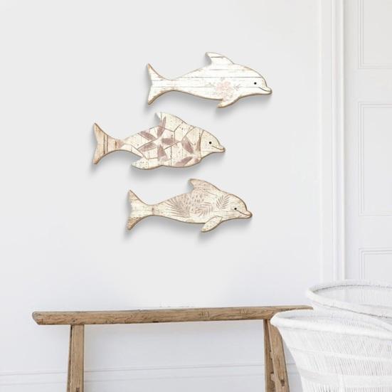 3Pcs/Set Wooden Dolphin Wall Decoration, Flowers Leaves Pattern Fish Wall Art for Beach, Lake House, Nautical Coastal Ocean Theme Hanging Ornament
