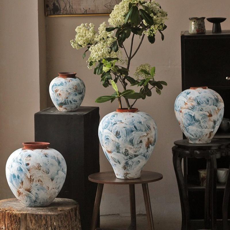 Coarse Earthenware Pot Flower Vase Flower Arrangement Accessories Retro Chinese Ceramic Vase Flowerpot Home Decoration