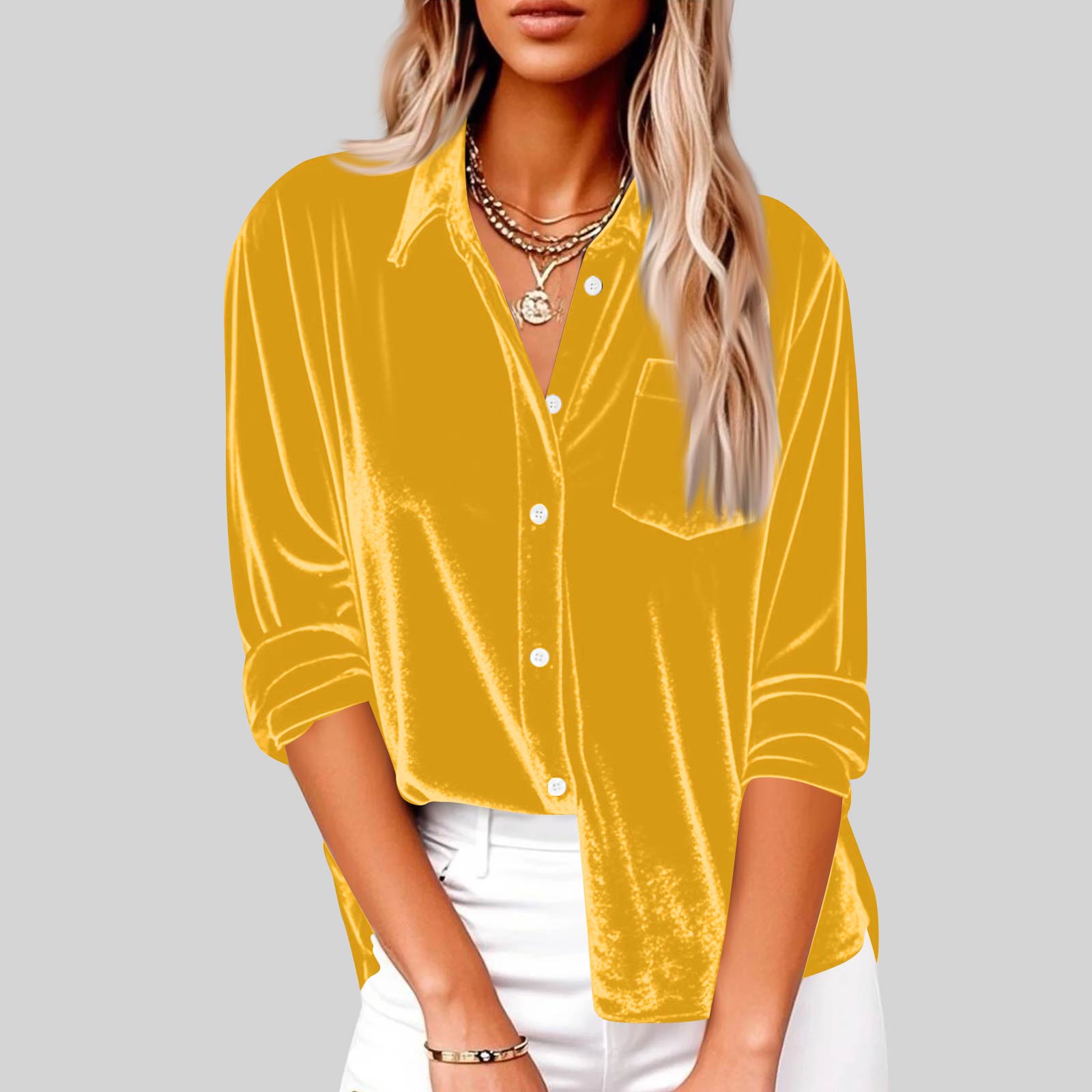 

Женская модная повседневная бархатная блузка с длинным рукавом и воротником с карманами XL жёлтый