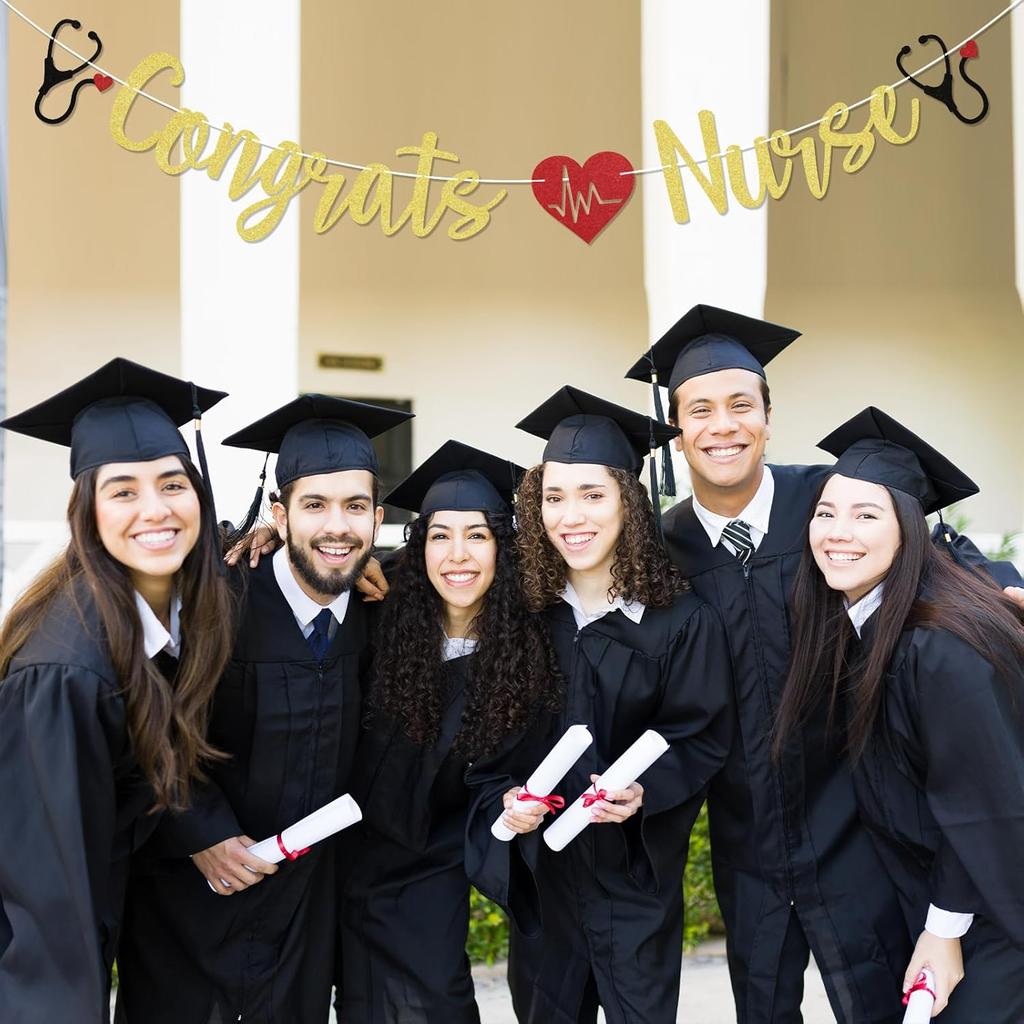 Congrats Nurse Banner - Nursing School Survivor Decorations, BSN/RN/NP Grad Party Decor, Class of 2025 Decorations Gold Glitter