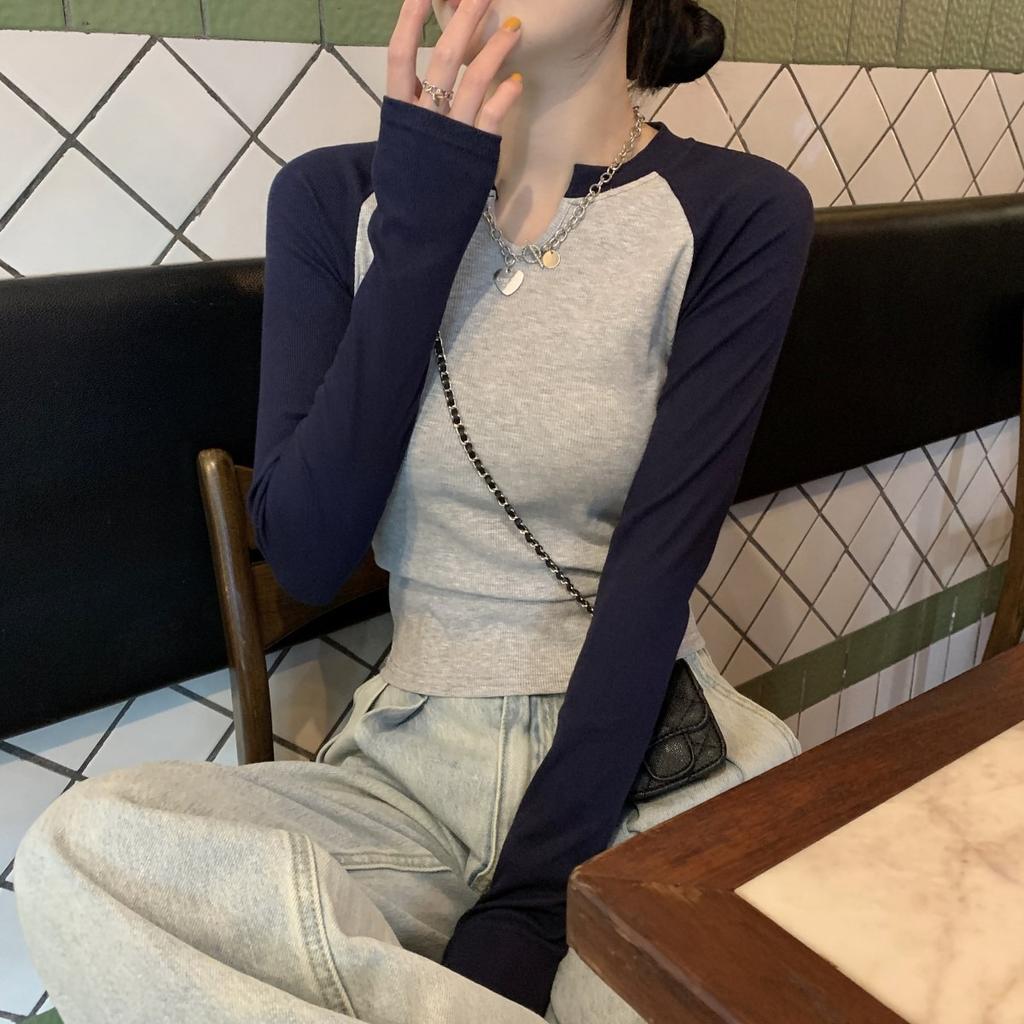 Designed Contrasting Color Half-open Collar Slim Fit Long-sleeved T-shirt Women's Early Autumn New Versatile Student Tops