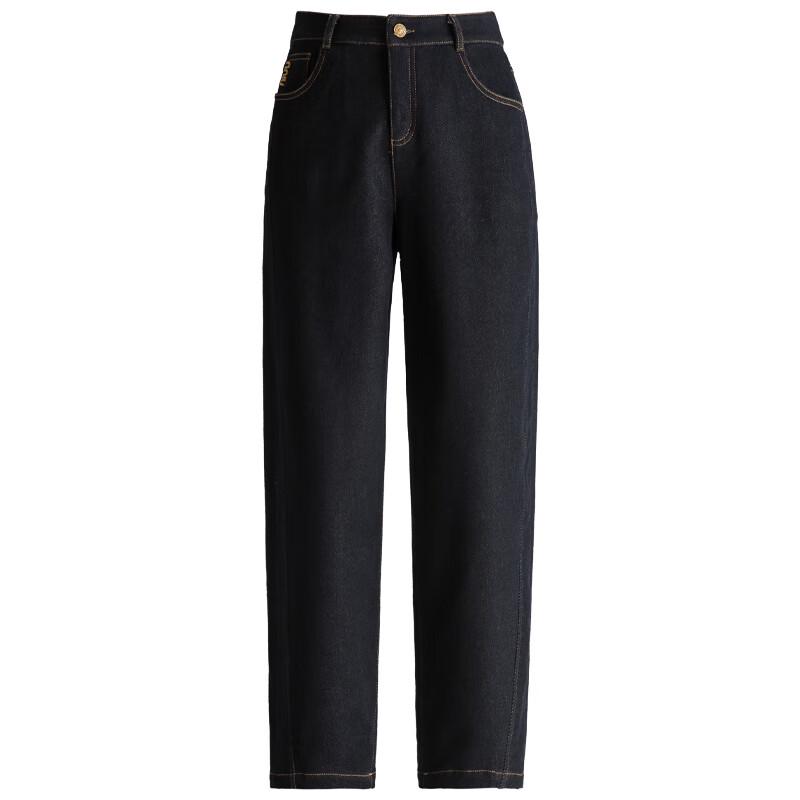 Mengshuya Women's Deep Blue Fleece-Lined Cropped Dad Jeans