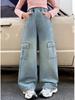 Girls Cargo Demin Pants Kids Casual Wide-legged Jeans Teenagers Fashion Streetwear Baggy Trousers Children Clothes 5-14 Years