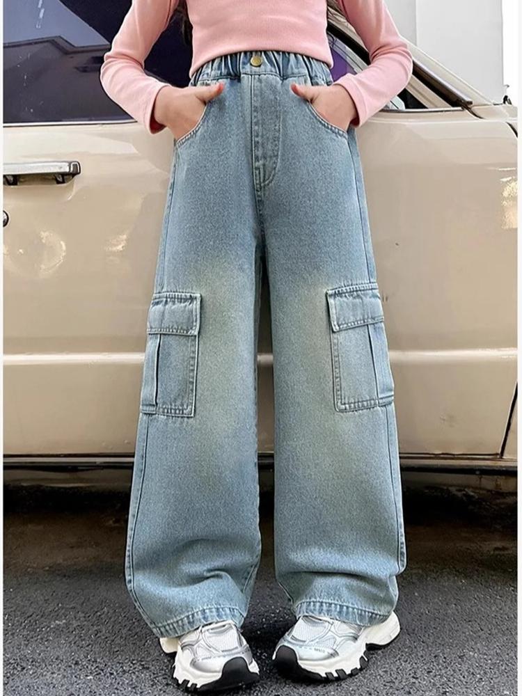 Girls Cargo Demin Pants Kids Casual Wide-legged Jeans Teenagers Fashion Streetwear Baggy Trousers Children Clothes 5-14 Years