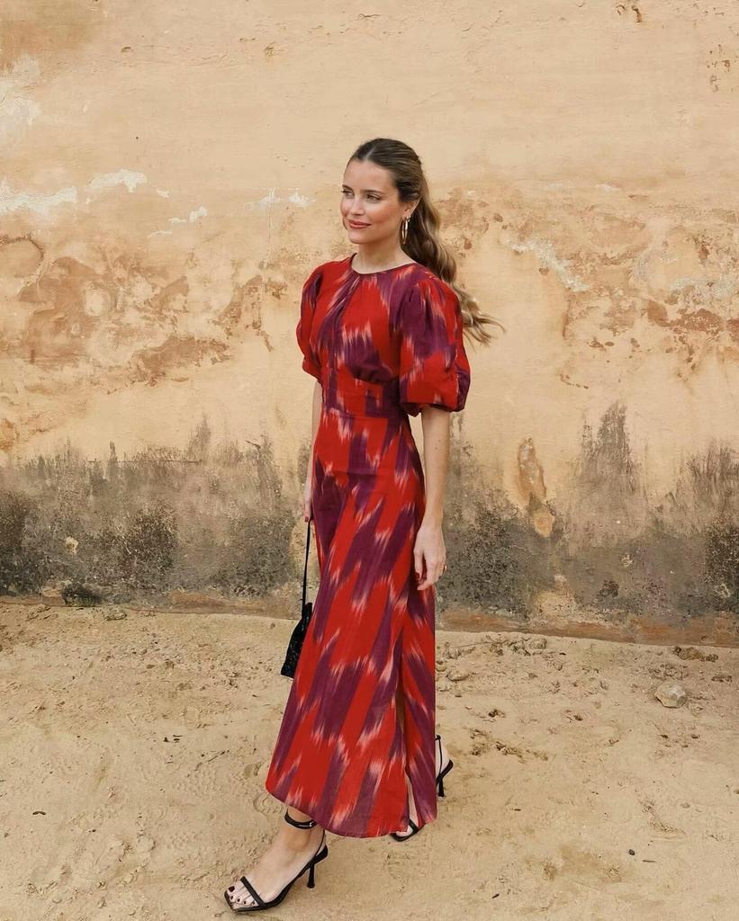 2024 Sommer Europäisches & Amerikanisches Damen Rundhals Bedrucktes Schnürkleid