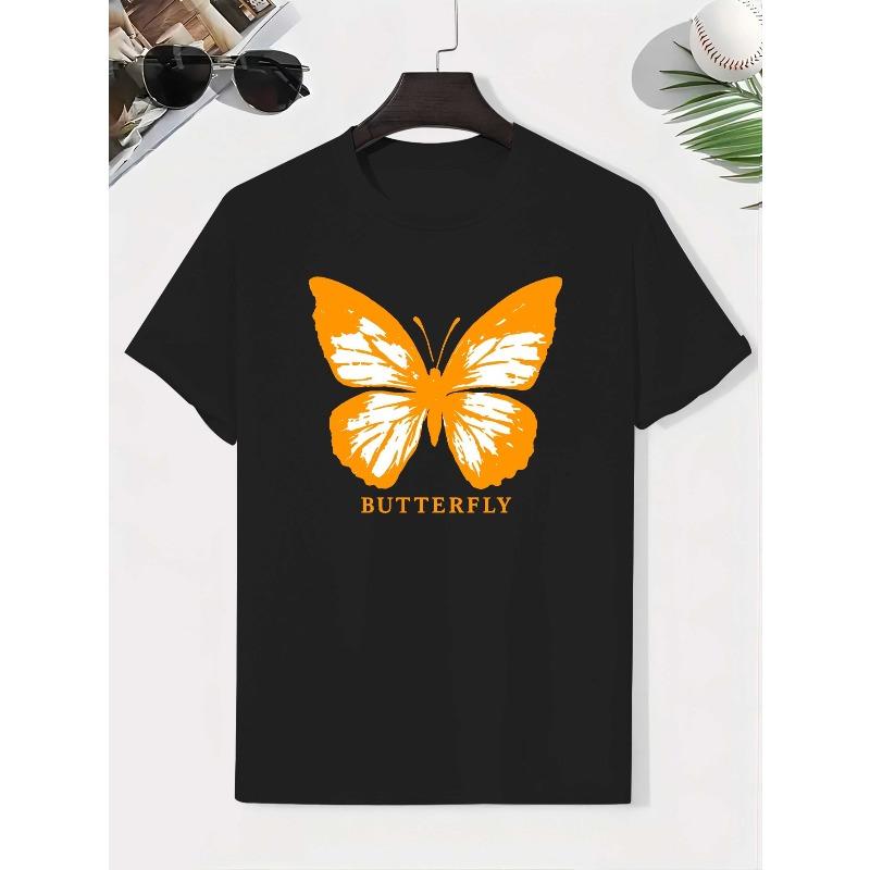 European sizes Boys' Black & White Butterfly Print Cotton T-Shirt - Short Sleeve Summer Top with Beige & Color Options, Round Neck Casual Shirt