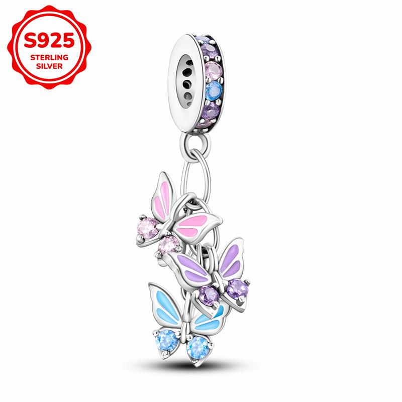 925 Silver Pink Cute Lovely Butterfly Perfume Girl Charms Beads Fit Bracelet DIY Making For Woman Jewelry