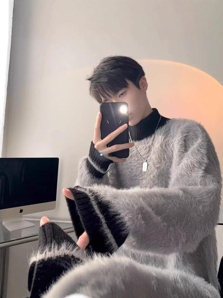 Unisex svetr v americkém stylu s patchworkem z umělého norka, vysoký límec - Ležérní, Módní, Dlouhý rukáv, pro podzim a zimu