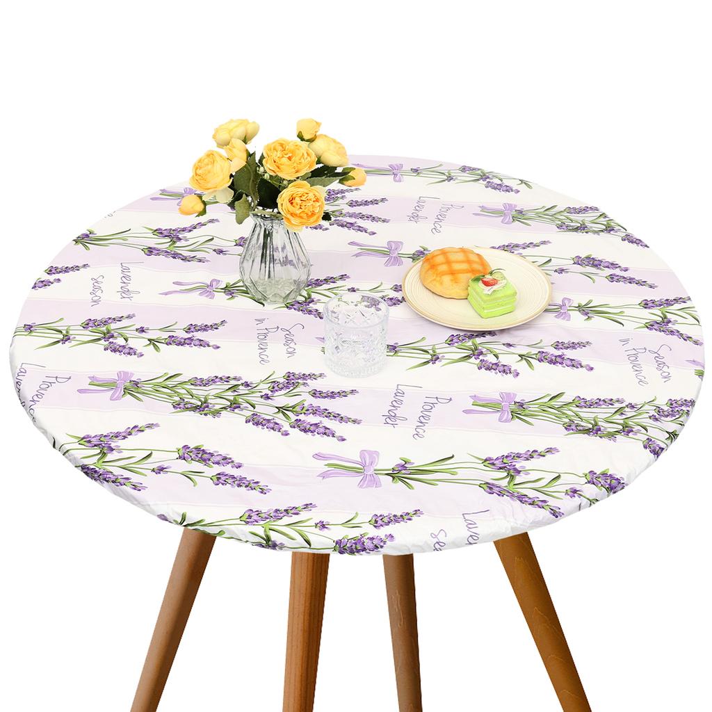 Elastic Round Table Cloth Fitted Flannel Backed Vinyl Tablecloth Waterproof Wipeable Dining Table Covers For Camping