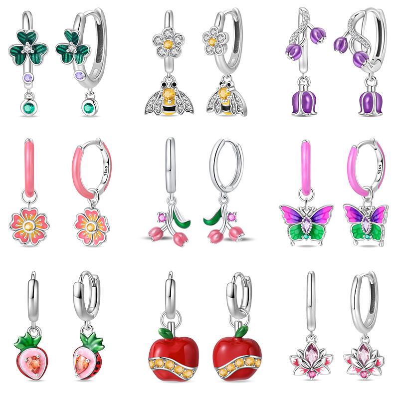 New 925 Silver Bee Butterfly Pink Lily Lotus Earrings For Women Cherry Apple Strawberry Ear Studs Elegant Party Jewelry