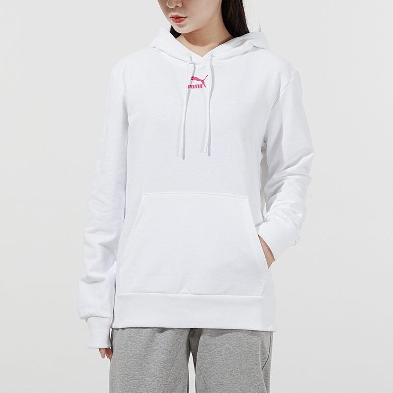 Puma Logo Print Sport Hoodie With Drawstring Women Tops White 534417-02