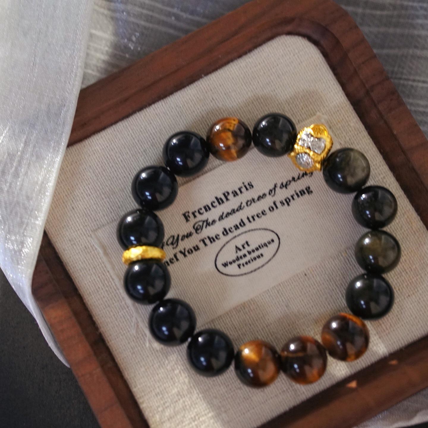 12Mm High Quality Natural Obsidian Tiger S Eye Design Bracelet Bracelet