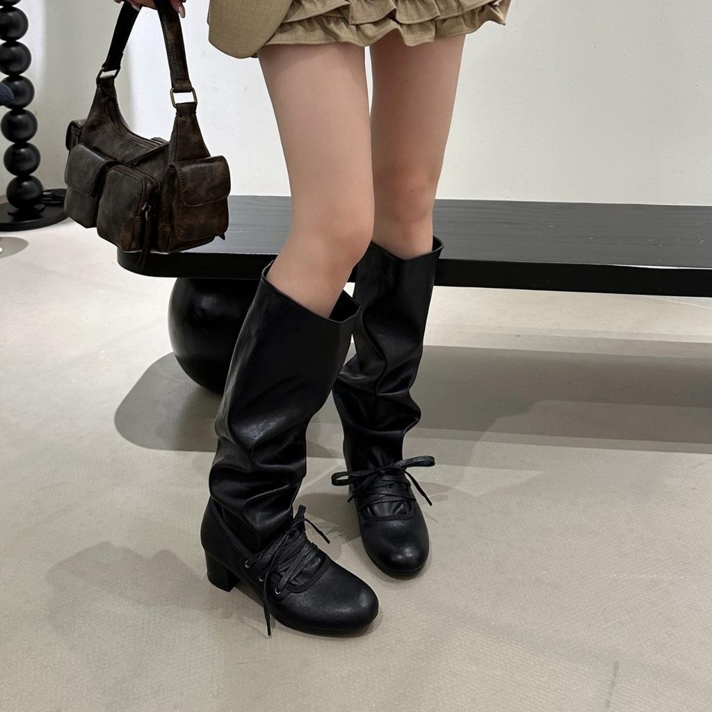 Retro strap niche design pants boots thick heel thick-soled boots women's knee pointed high knight boots
