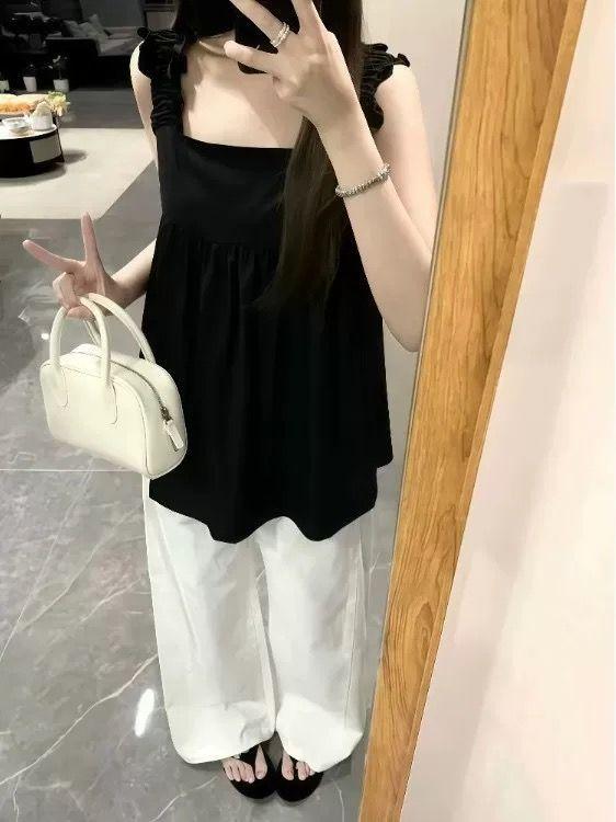 Black beautiful small suspender vest for women's summer wear, new design French sweet and spicy sleeveless seaside top