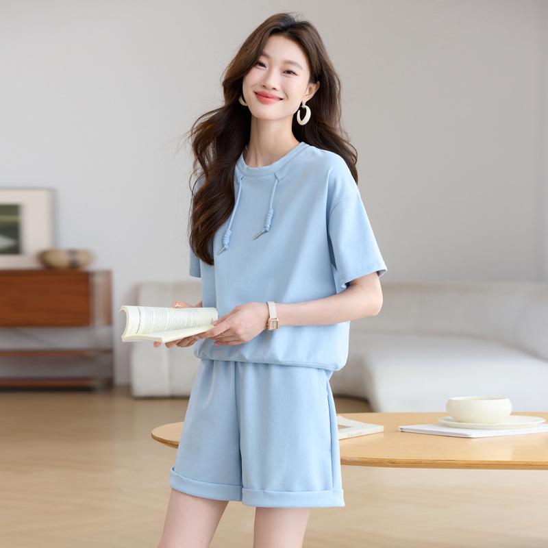

Модный повседневный свободный спортивный костюм женский летний новый свободный тонкий свитер с коротким рукавом шорты комплект из двух предметов XL синий