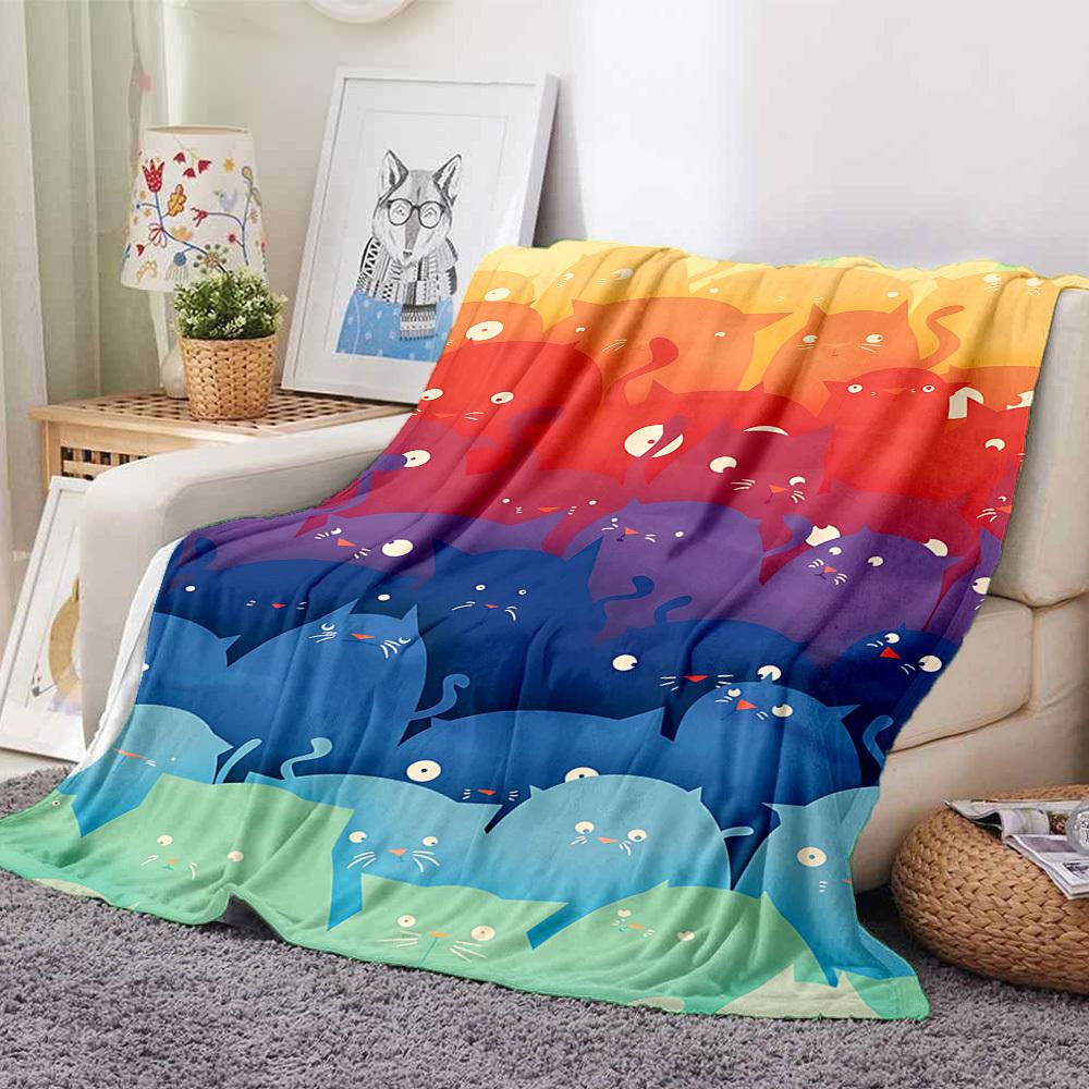 1pc Cat Rainbow Lightweight Flannel Blanket, Comfortable and Warm Blanket, for Office and Camping Sofa Bed, Livingroom129