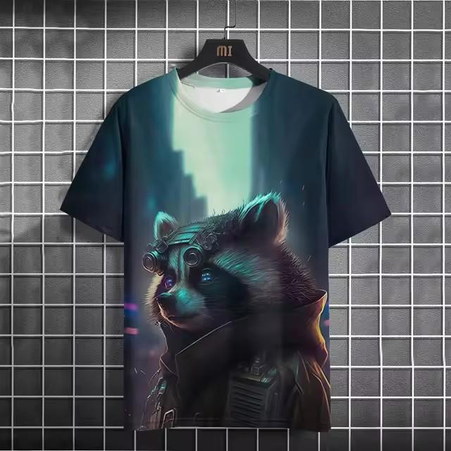 Fun 3D Printed Summer Men's T-shirt Animal Raccoon T-shirt Casual Short Sleeved Oversized T-shirt