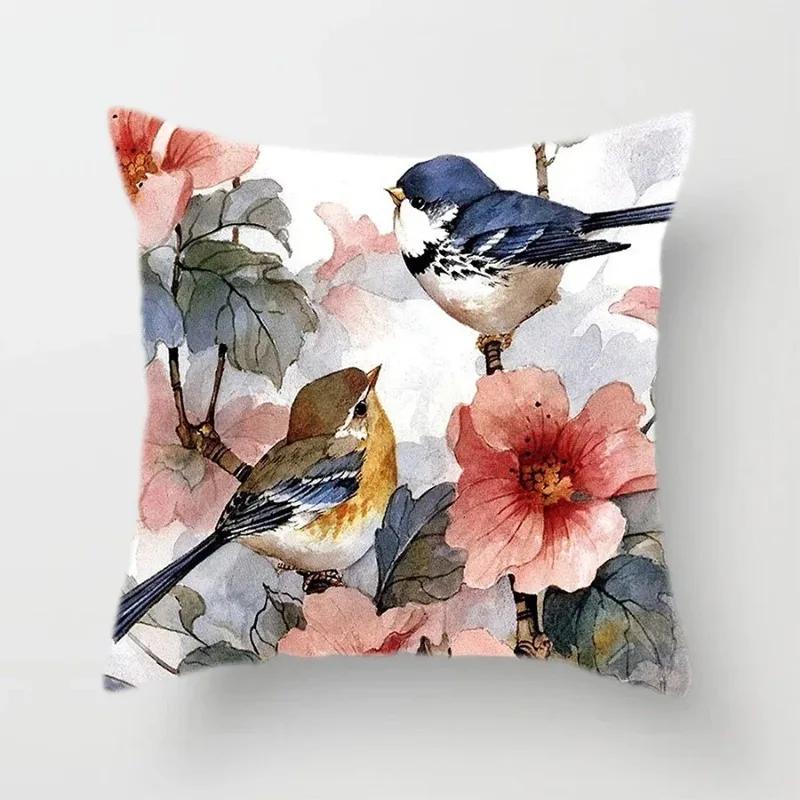 Lovely Bird Cushion Cover Flower Pattern Pillow Covers Decorative for Sofa Car Bed Living Room Decor Polyester Linen Accessories