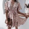 Floral Print Chic Women Summer Dress V Neck Short Sleeve A Line Ruffled Pleated Fashion