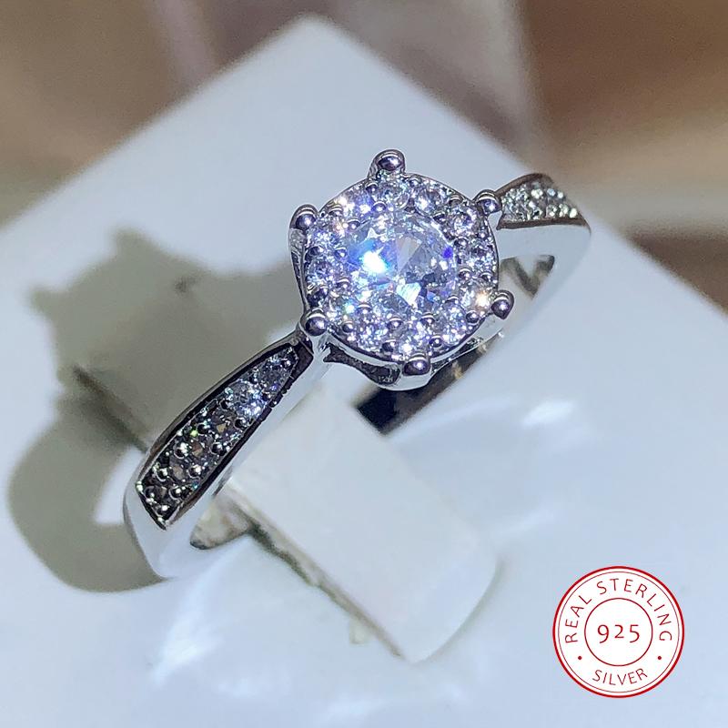 

New Fashion Jewelry Zircon Round Wedding Rings For Women Girl 925 Stamp Six-claw Full Of Diamond Jewelry Wholesale 5