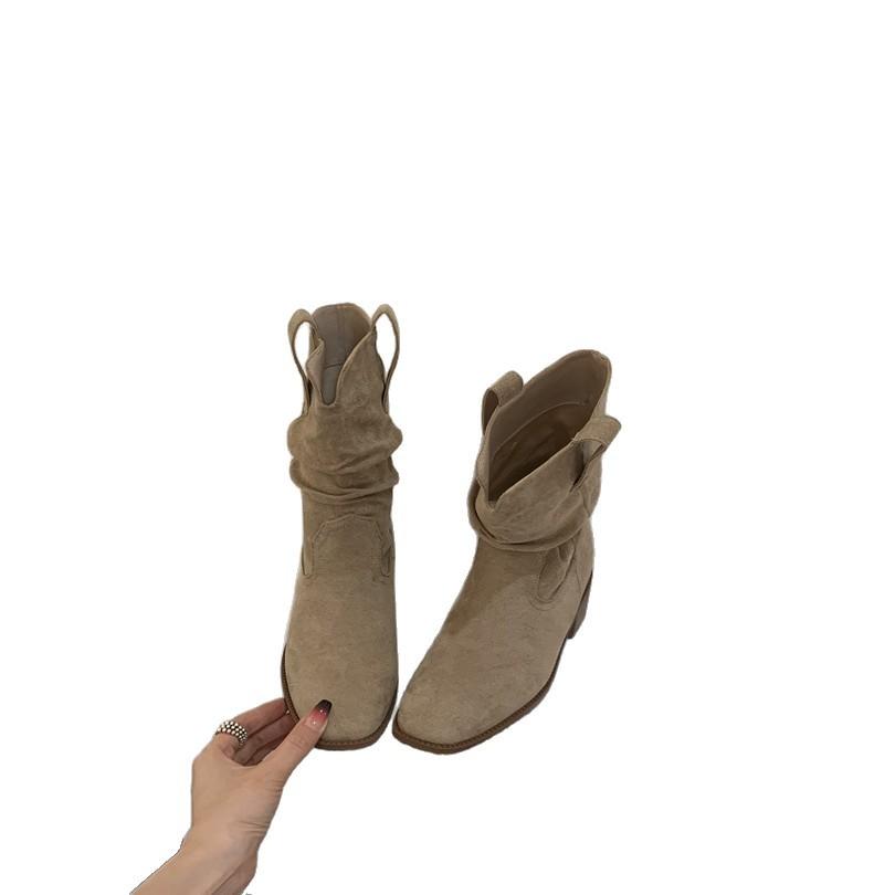 Inner Height Increasing Brown Suede V-Mouth Pile Medium Tube Martin Boots Women's Boots 2025 Autumn High Heel Short Boots Skinny Boots