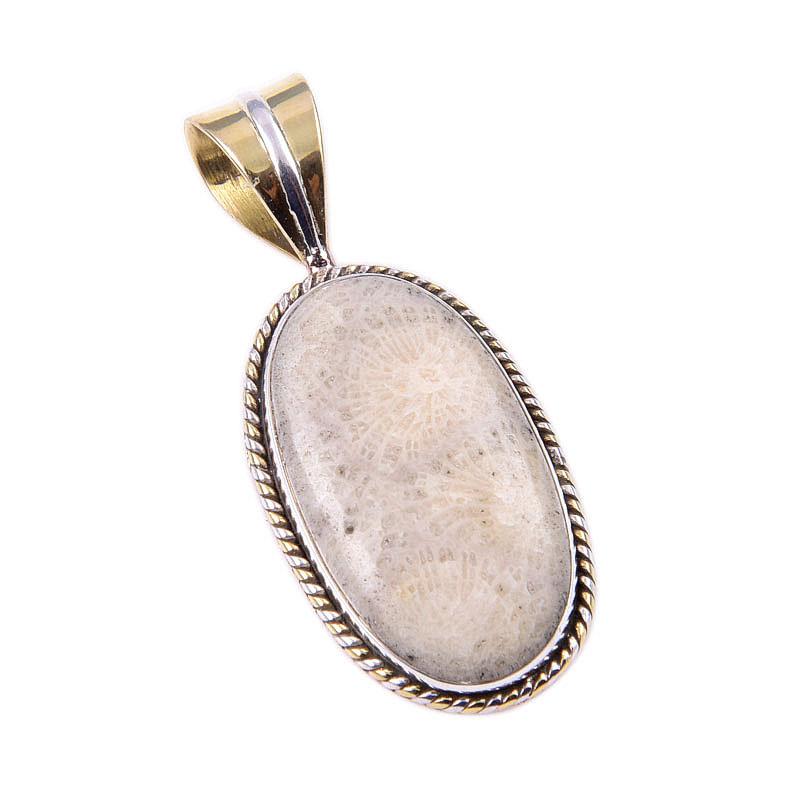 Natural Fossil Coral 925 Solid Sterling Silver TwoTone Gift Pendant 1.50" R8s76