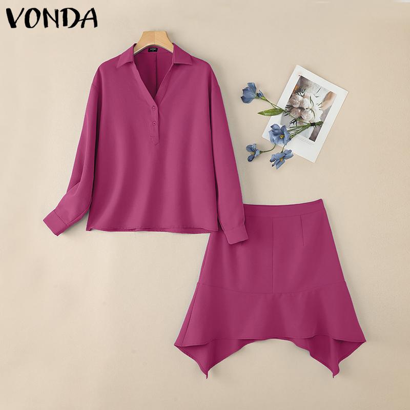 

VONDA Two Piece Suit Sets Women Long Sleeve Blouse and Short Skirts Outfits M темно-розовый