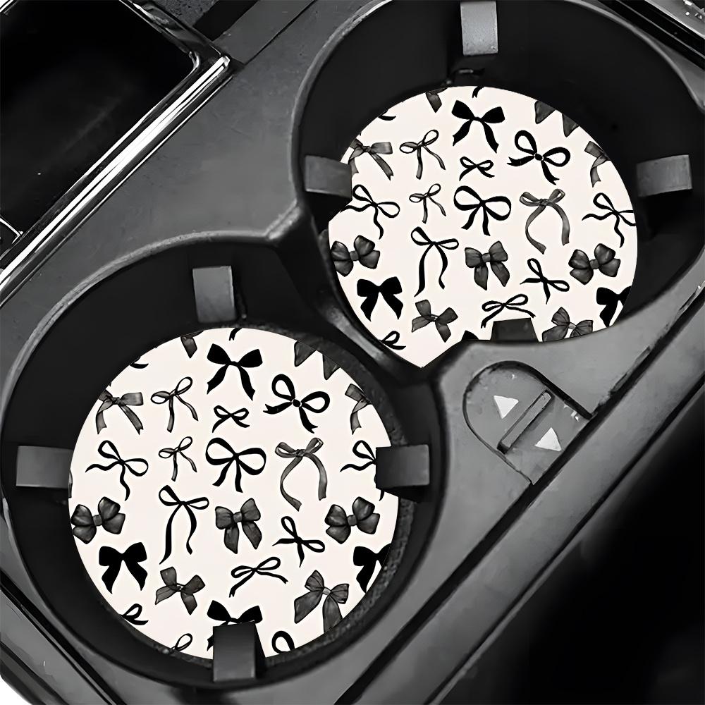 2pcs Black Bow Tie Car Cup Holder Coasters - Non-Slip Rubber Drink Mats with Elegant Bow Tie & Leaf Pattern, Fit for Car Cup Holders