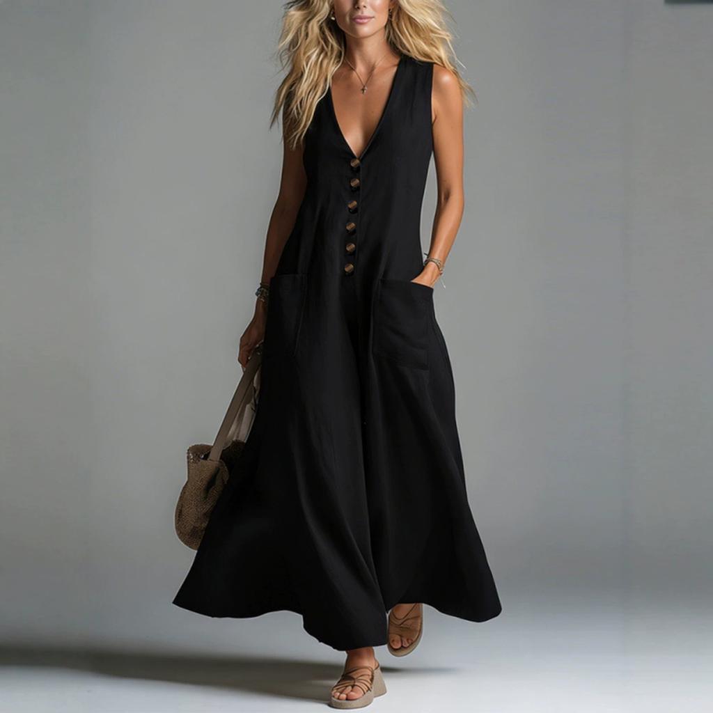 Women's Sleeveless V Neck Maxi Dress Casual Button Front Solid Long Dress with Pockets
