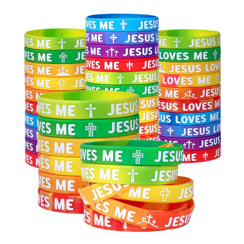 30Pcs Jesus Loves Me Wristbands Bulk 10 Styles Rainbow Religious Silicone Bracelets Vbs Party Favors Gifts Christian Cross