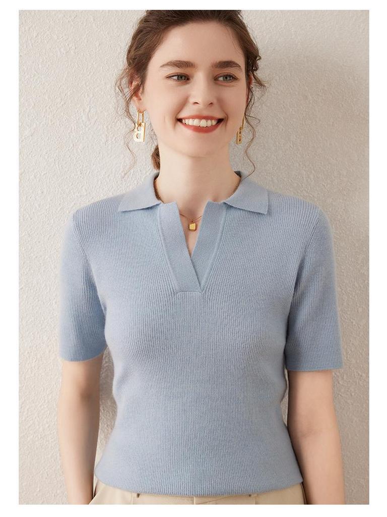 Women's Polo Collar Cashmere Sweater - Slim Fit, Short, Five-Sleeve, Gentle Style for Spring & Autumn.