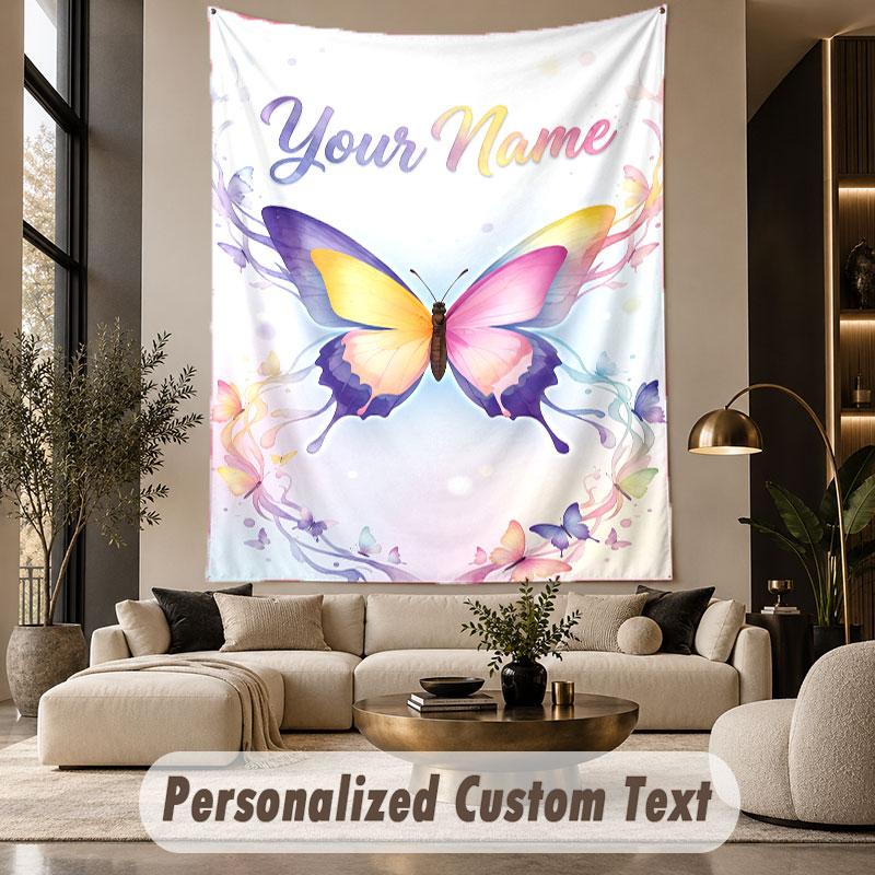 Butterfly (135) Theme Wall Tapestry Customized With Name Text Personalized Hanging Tapestry For Bedroom Living Room Decor