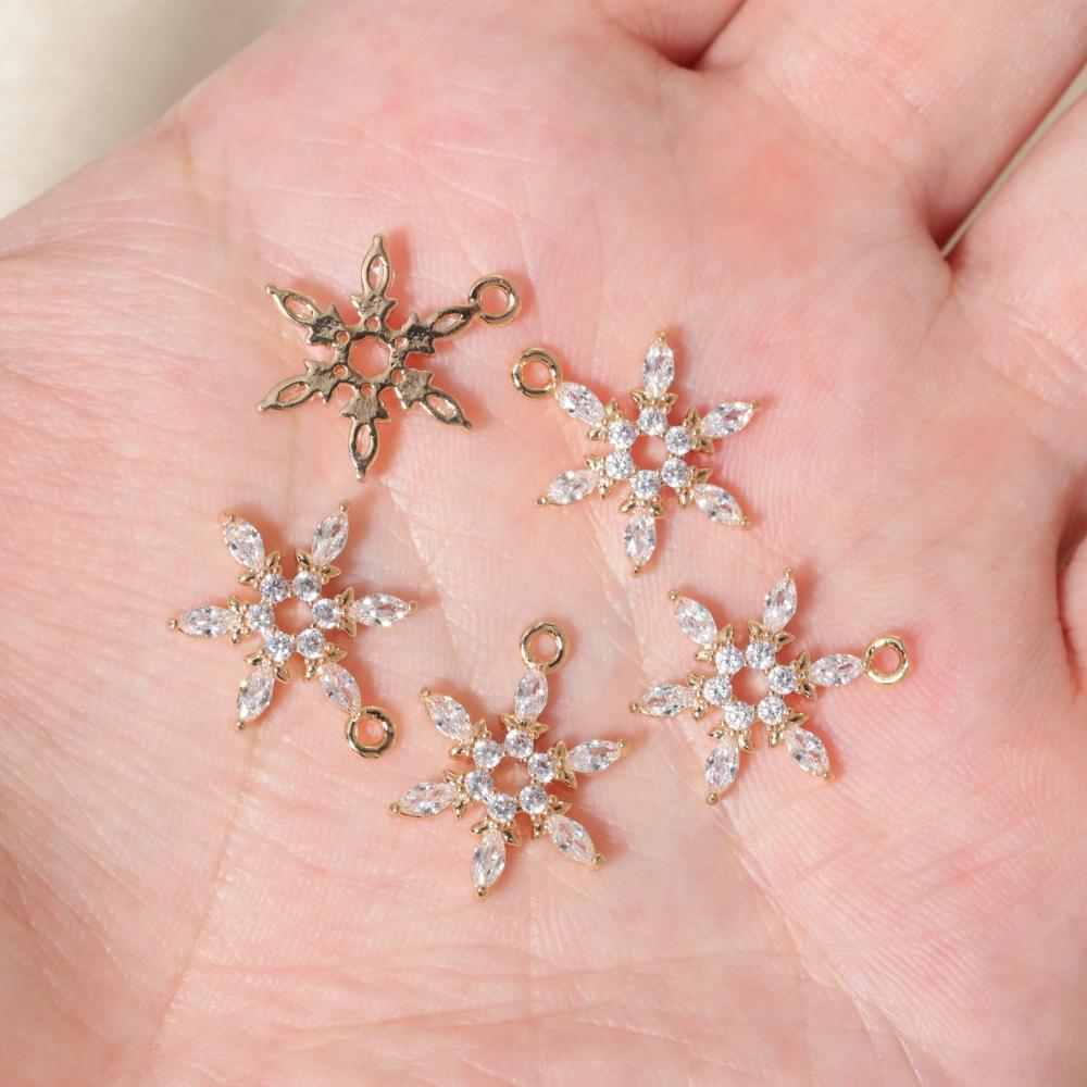 Golden Plated Copper Snowflakes Charms Pendants with Clear Zirconia, DIY Jewelry Making Supplies for Earrings Necklaces, Sweet Girly Gift for Women