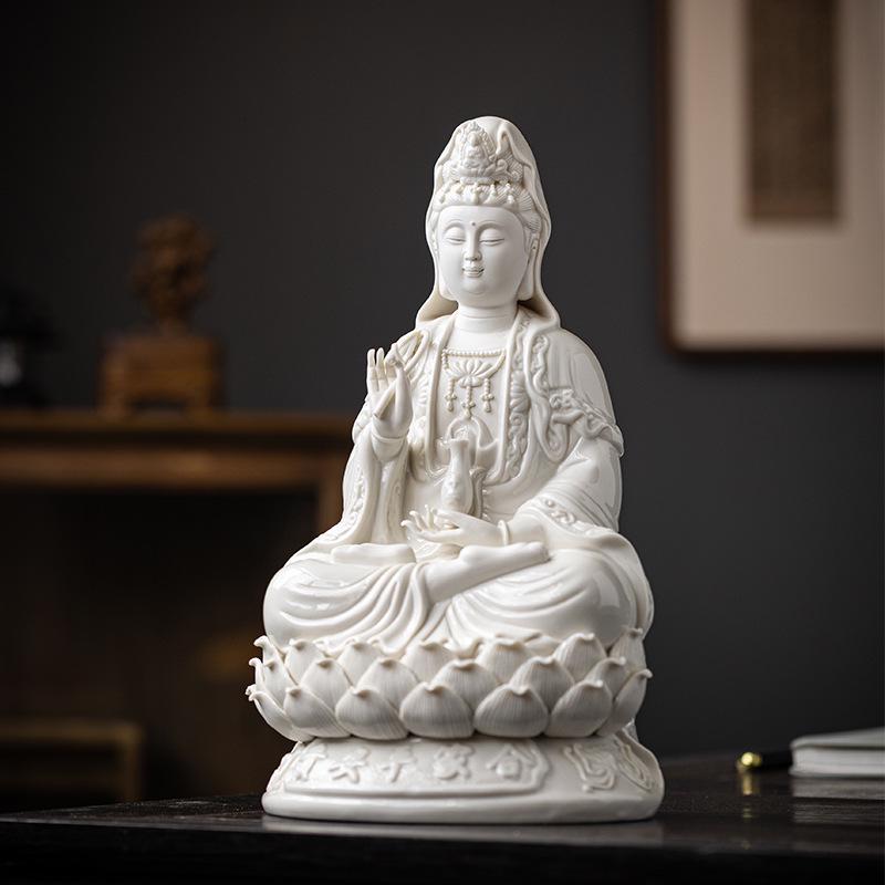 White Ceramic Lotus Guanyin Buddha Statue Incense Burner with Lamp for Home Decor