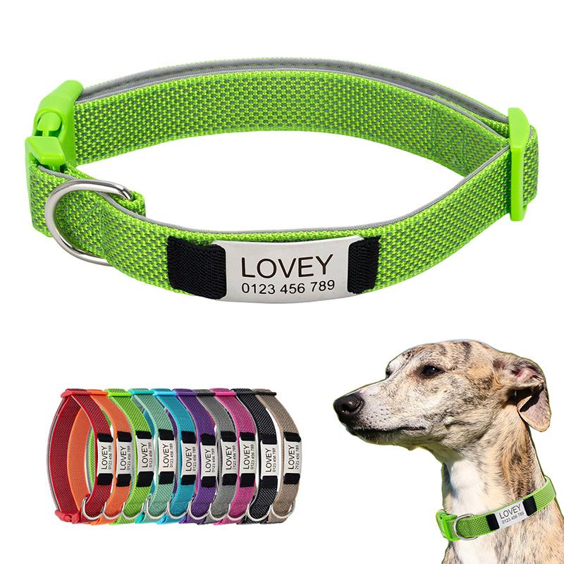 Custom Engraved Dog Collar Personalized Name ID Tag Adjustable Anti-lost Soft Padded Nylon Collar for Active Dogs Pet Necklace