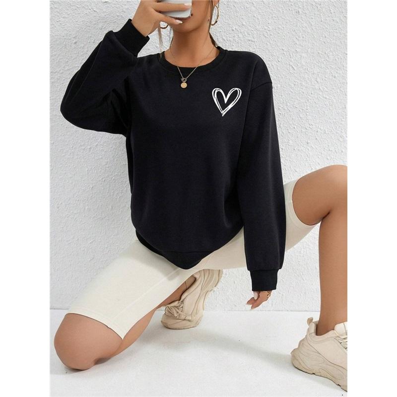 Jednoduché mikiny s potiskem se srdíčkovým vzorem pro ženy, ležérní, pohodlné mikiny s kulatým výstřihem a kapucí, volné, zateplené fleecem, sportovní oblečení