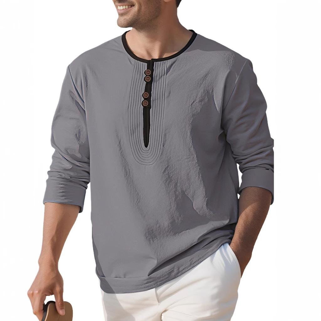 Henry collar European and American men's clothing solid color linen loose casual sports long-sleeved t-shirt